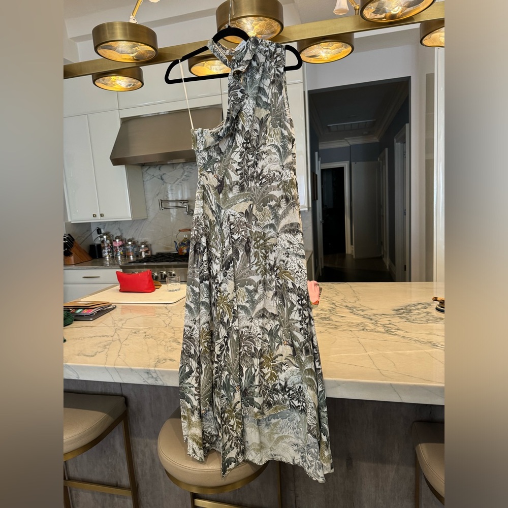 Reiss one shoulder, asymmetric, tropical dress with monkeys